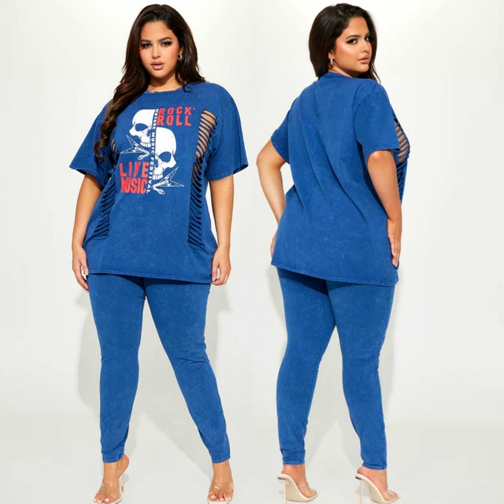 Fashion Nova time 2 rock n roll blue skull graphic distressed legging set 2X NWT